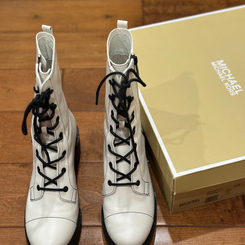 Michael Kors White Combat Boots with Black Laces